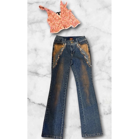 Denim - Chagall Y2K Fairycore Grunge Embellished Bootcut Flare Jeans XS Tall & Crop Top